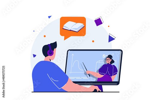 Back to school modern flat concept for web banner design. Teenager student watches video lecture on mathematics and gains new knowledge, doing homework. Vector illustration with isolated people scene