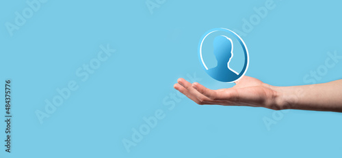 Businessman holding on hand icon of user man,woman 3D style. Internet icons interface foreground. global network media concept.