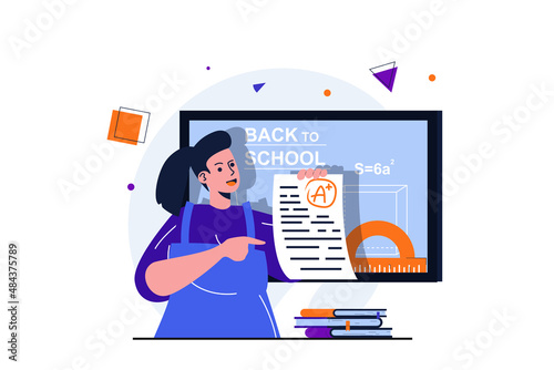 Back to school modern flat concept for web banner design. Happy schoolgirl holds sheet with exam and gets highest score. Student studying at college. Vector illustration with isolated people scene