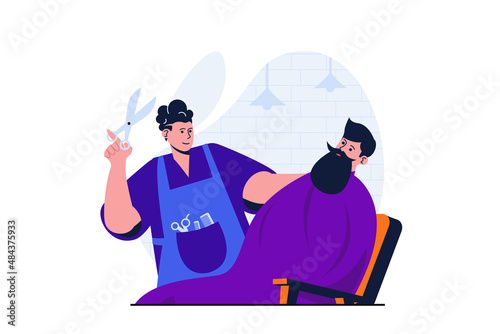 Barbershop modern flat concept for web banner design. Barber with scissors cutting hair and shaving client beard. Hairdresser works with man in studio. Vector illustration with isolated people scene