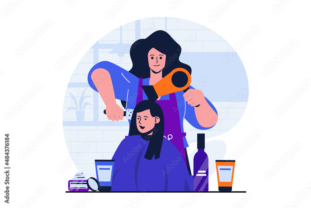 Beauty salon modern flat concept for web banner design. Hairdresser dries hair with hairdryer to client and does styling. Woman gets haircut in studio. Vector illustration with isolated people scene