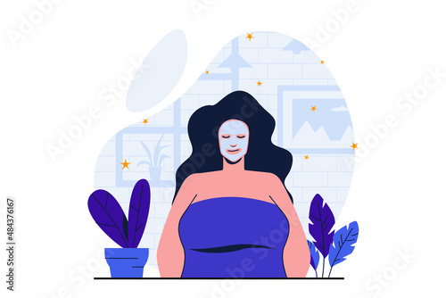 Beauty salon modern flat concept for web banner design. Woman client relax with moisturizing face mask while sitting in armchair in cosmetology studio. Vector illustration with isolated people scene