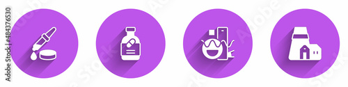 Set Pipette, Medicine bottle and pills, Basic geometric shapes and Power station plant icon with long shadow. Vector