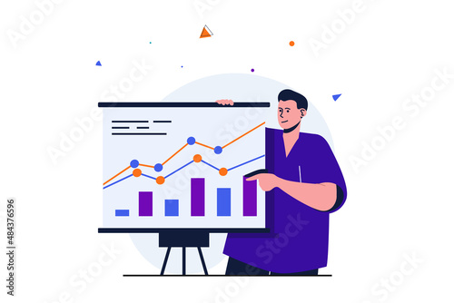 Business growth modern flat concept for web banner design. Businessman makes presentation with company indicators, financial growth on charts report. Vector illustration with isolated people scene