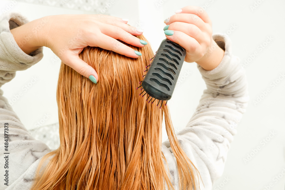 Fototapeta premium A blonde woman tries to comb her tangled hair with a comb after bathing. Blond red combing wet and tangled hair.