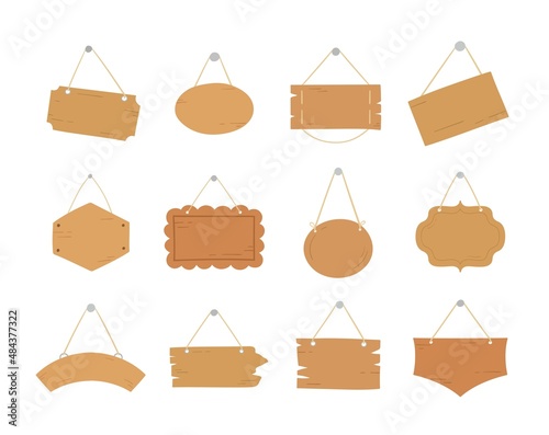 Hand drawn collection of wooden signboard. Template signs on doors and windows. Vector illustration.