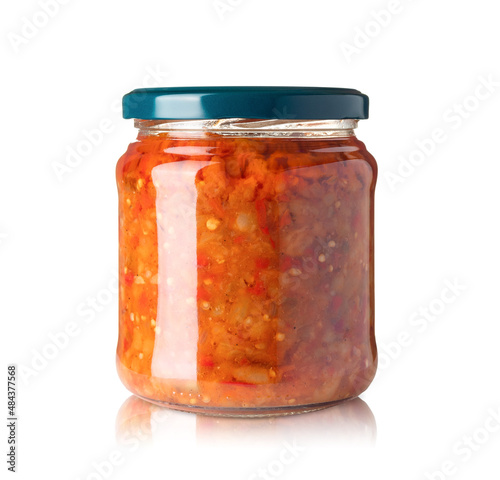 Pickled vegetables in jar isolated on white background