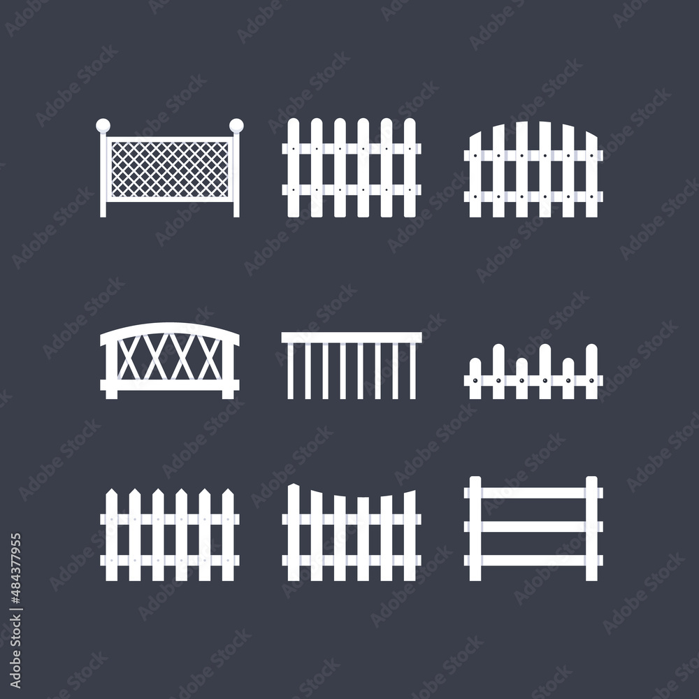 Obraz premium Set of white rural wooden fences, silhouettes fence for garden and house concepts.