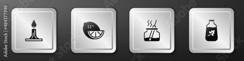 Set Burning candle, Lemon, Aroma diffuser and Essential oil bottle icon. Silver square button. Vector