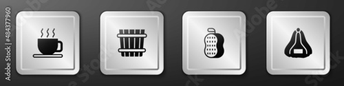 Set Cup of tea, Sauna bucket, Washcloth and hat icon. Silver square button. Vector