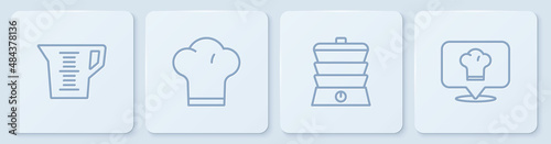Set line Measuring cup, Slow cooker, Chef hat and with location. White square button. Vector