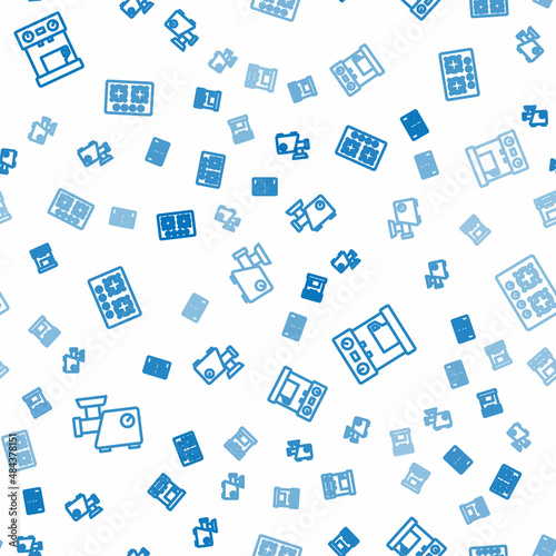 Set line Kitchen meat grinder, Coffee machine and Gas stove on seamless pattern. Vector