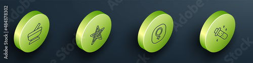 Set Isometric line Mortar and pestle, Pentagram, Venus and Bottle with potion icon. Vector