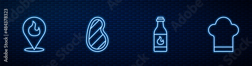 Set line Tabasco sauce, Location with fire flame, Steak meat and Chef hat. Glowing neon icon on brick wall. Vector