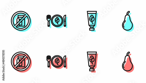 Set line Organic cosmetic, No pack of milk, Vegan food diet and Pear icon. Vector