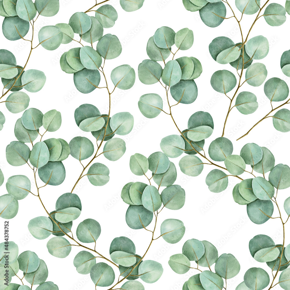 Seamless watercolor floral pattern - a composition of green leaves and branches on background, ideal for wrappers, wallpaper, postcards, greeting cards, wedding invitations, romantic events.