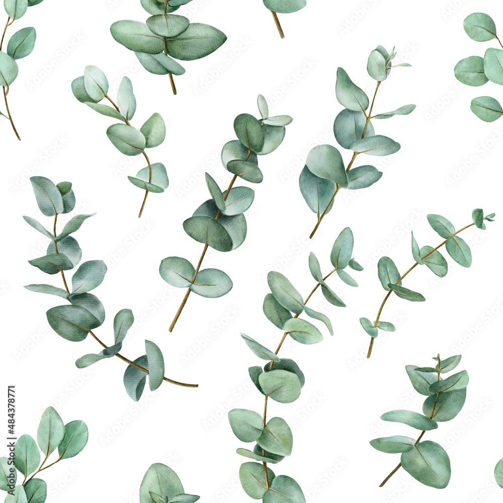 Seamless watercolor floral pattern - a composition of green leaves and branches on background, ideal for wrappers, wallpaper, postcards, greeting cards, wedding invitations, romantic events.