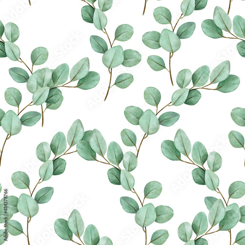 Fototapeta Naklejka Na Ścianę i Meble -  Seamless watercolor floral pattern - a composition of green leaves and branches on background, ideal for wrappers, wallpaper, postcards, greeting cards, wedding invitations, romantic events.