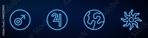 Set line Earth globe, Mars symbol, Symbol Jupiter and Sun. Glowing neon icon on brick wall. Vector