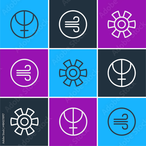 Set line Neptune planet, Sun and Windy weather icon. Vector