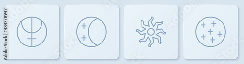 Set line Neptune planet, Sun, Eclipse of the sun and Full moon. White square button. Vector
