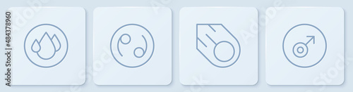 Set line Water drop, Comet, Cancer zodiac and Mars symbol. White square button. Vector