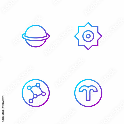 Set line Aries zodiac, Great Bear constellation, Planet Saturn and Falling star. Gradient color icons. Vector