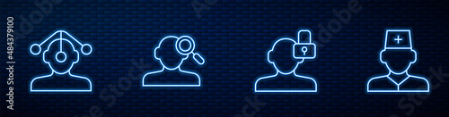 Set line Closed personality, Hypnosis, Finding problem in psychology and Male doctor. Glowing neon icon on brick wall. Vector