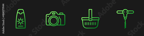 Set line Picnic basket, Sunscreen cream in tube, Photo camera and Wine corkscrew. Gradient color icons. Vector