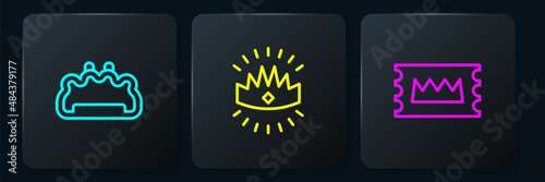 Set line Brass knuckles, Concert ticket and King crown. Black square button. Vector