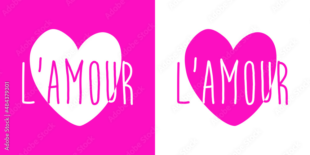 Banner con silueta de corazón con texto l'amour en francés en caligrafía para su uso en invitaciones y tarjetas de felicitación
