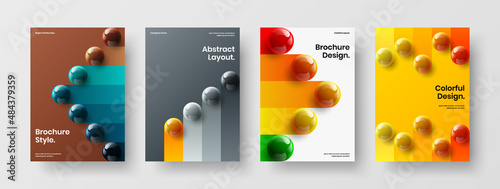 Amazing flyer vector design template bundle. Multicolored realistic spheres company cover layout set.