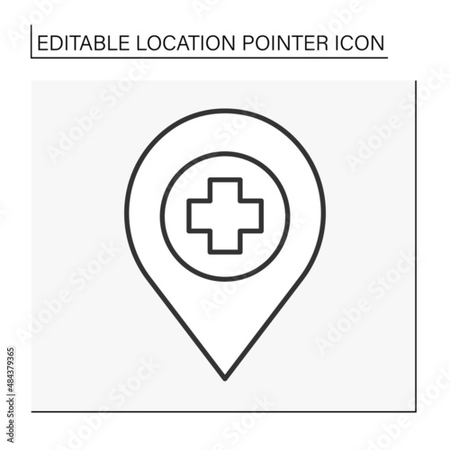  Pointer line icon. First aid room symbol navigation. Emergency. Public place navigation. Location pointer concept. Isolated vector illustration. Editable stroke