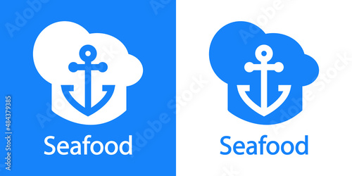 Logotipo restaurante. Banner con texto Seafood y silueta de gorro de cocinero con ancla en fondo azul y fondo blanco