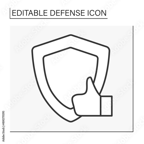  Shield line icon. Perfect protection shield. Data secure. Thumb up. Defense concept. Isolated vector illustration. Editable stroke