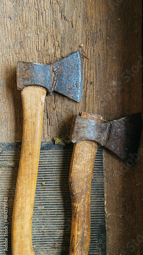 metal axes with wooden handle