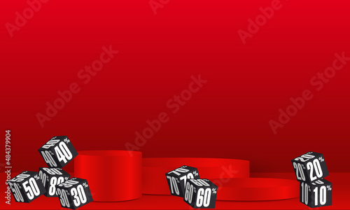 Vitrine pour exposer des produits commerciaux au moment des soldes avec des cubes décorés de chiffes de réduction des prix noirs et blancs sur un fond rouge.