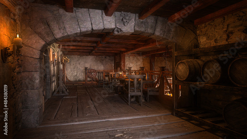 Medieval tavern interior with stone walls, wooden floor, tables with food and drink, barrels of wine or ale. 3D rendering.