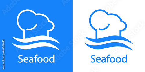 Logotipo restaurante. Banner con texto Seafood y silueta de gorro de cocinero con olas con líneas en fondo azul y fondo blanco