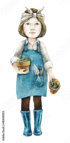 Girl planting seedlings. Gardering, spring mood. Watercolor hand drawn illustration photo