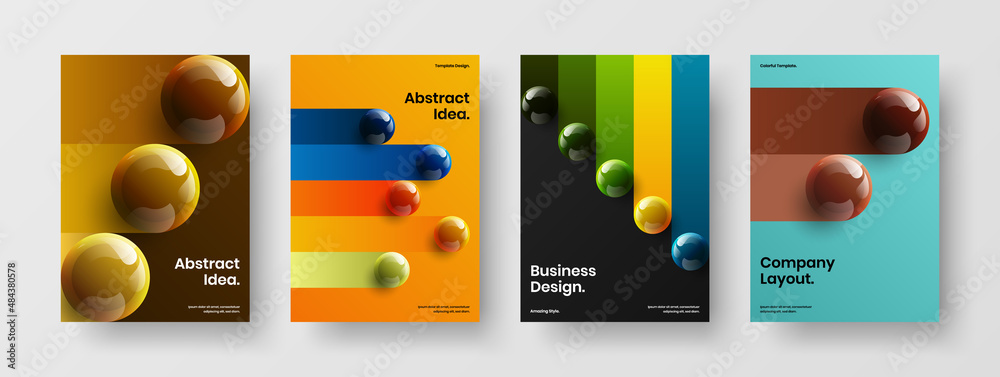 Original realistic spheres front page concept set. Trendy company brochure A4 vector design illustration bundle.