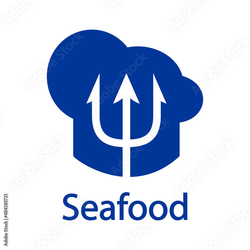 Logotipo restaurante. Banner con texto Seafood y silueta de gorro de cocinero con tridente en color azul