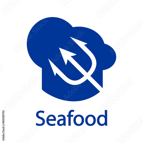 Logotipo restaurante. Banner con texto Seafood y silueta de gorro de cocinero con tridente en color azul