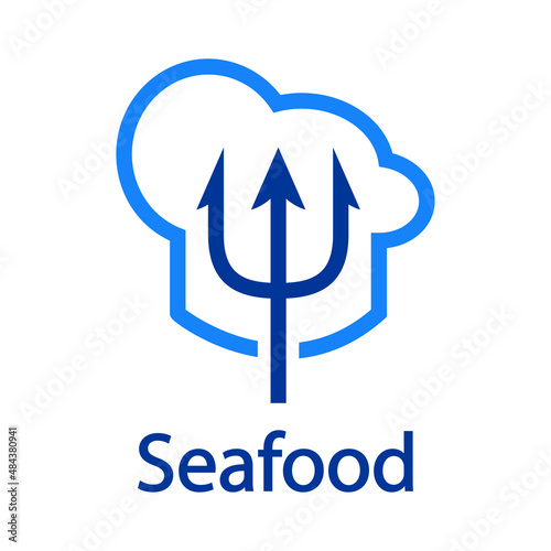 Logotipo restaurante. Banner con texto Seafood y silueta de gorro de cocinero con tridente con líneas en color azul