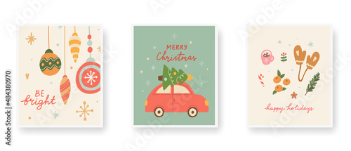 Merry Christmas unique hand drawn poster set. Red car with xmas tree, balls, candy cane, snowflakes. Happy Holidays greeting card. Hand lettering be bright. Cute winter design. Vector illustration