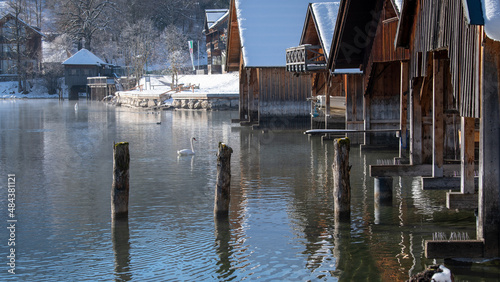 Winteridylle am Grundlsee, Steiermark, Österreich, Bootshäuser mit Schwan