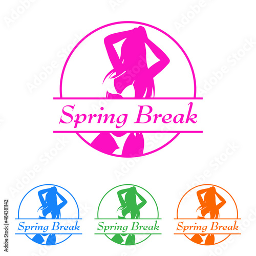 Logotipo con texto Spring Break con silueta de mujer con bikini en espacio negativo en círculo lineal en varios colores