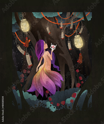 Kitsune or Nine-taled fox shapeshifter asian fairy tale character