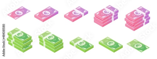 Euro Banknote Isometric Icon Set