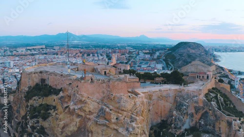 castillo de santa barbara, alicante, Drone Shot. Aerial of the castle in Alicante at sunrise photo